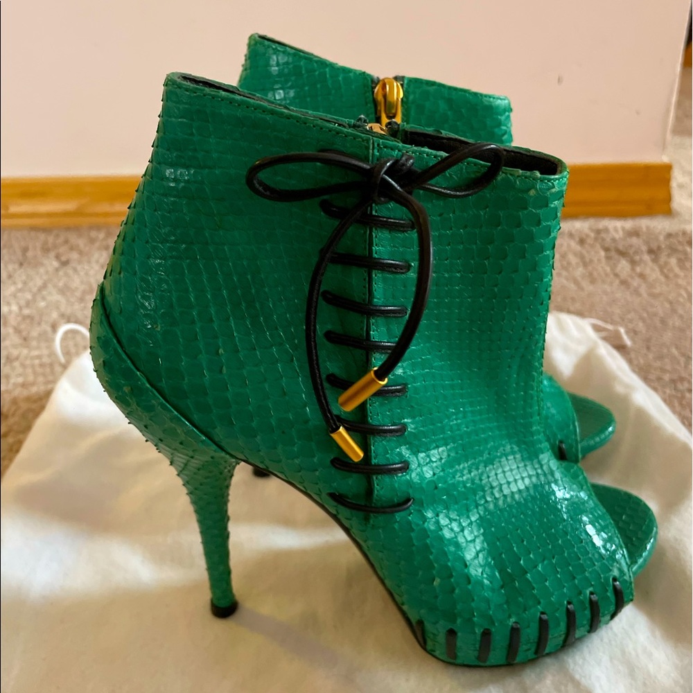 Versace green python leather open toe booties size 36